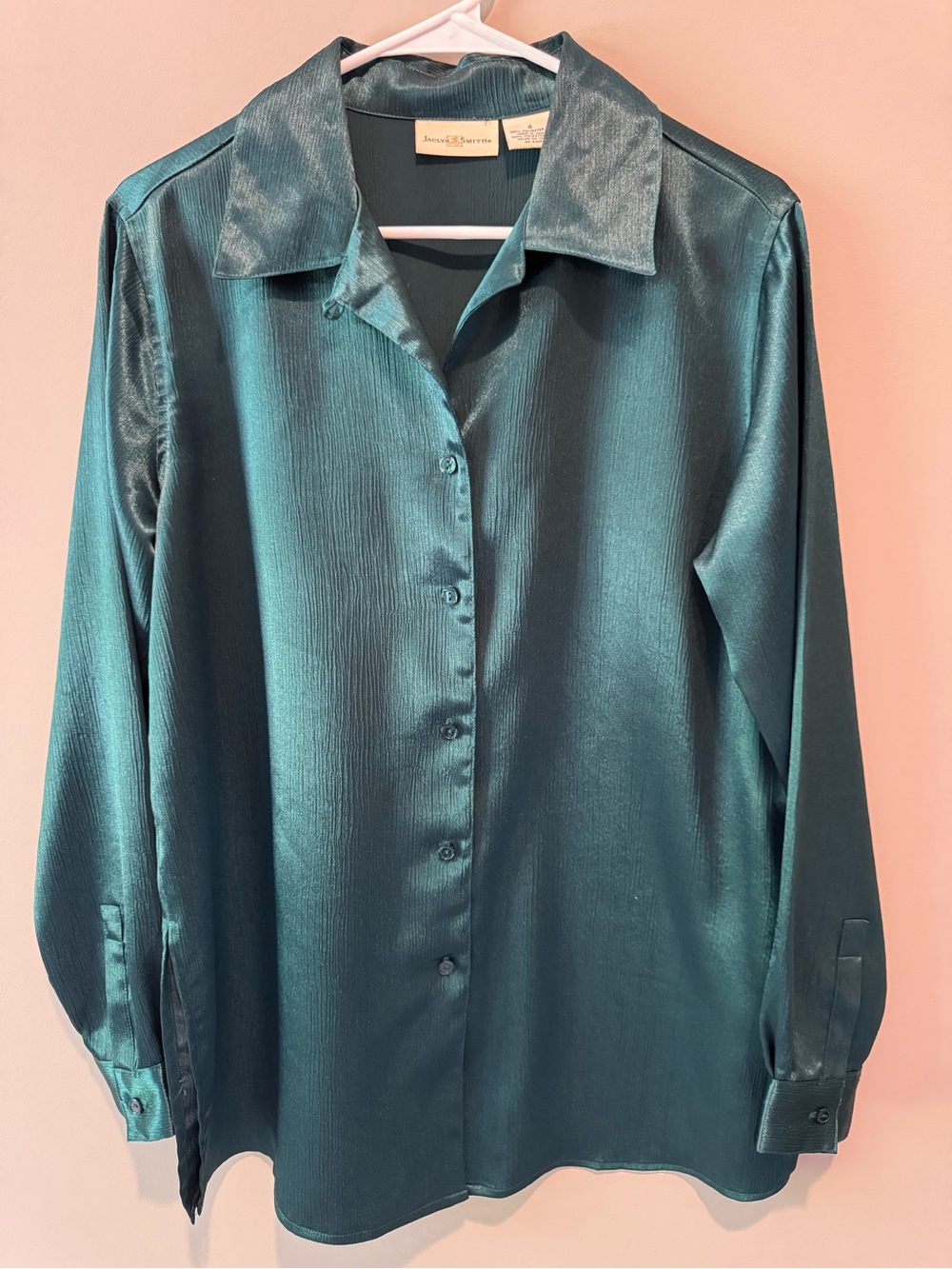Jaclyn Smith Satin Blouse Size 6 Teal Emerald Green Button Up Long Sleeve VTG